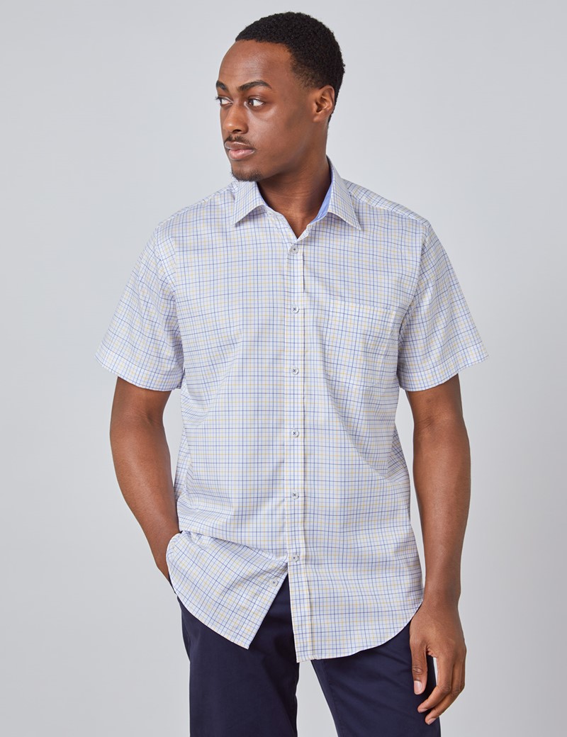 Men’s Blue & Yellow Multi Check Tailored Fit Short Sleeve Shirt
