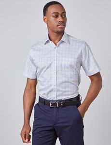 Men’s Blue & Yellow Multi Plaid Tailored Fit Short Sleeve Shirt