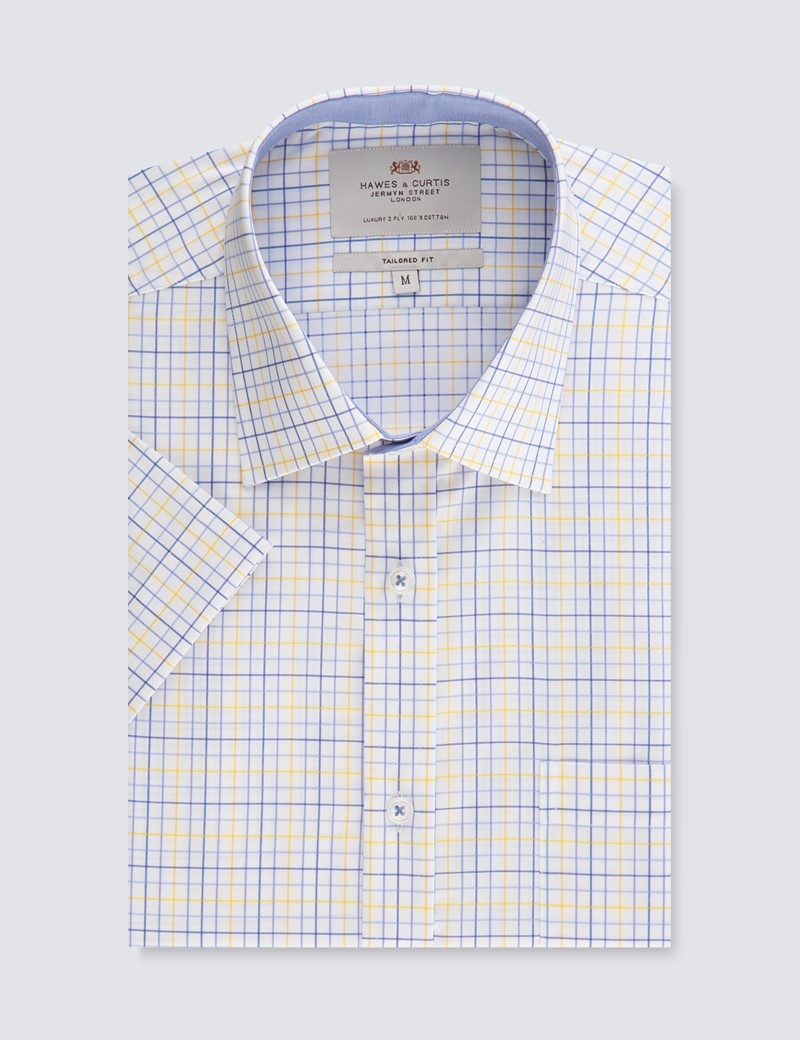 Men’s Blue & Yellow Multi Plaid Tailored Fit Short Sleeve Shirt