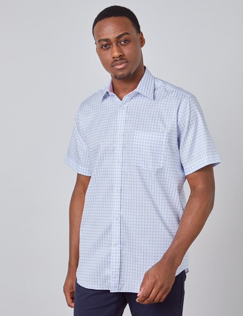 Men's White & Blue Check Tailored Fit Short Sleeve Shirt