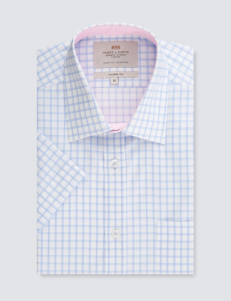 Men's White & Blue Check Tailored Fit Short Sleeve Shirt