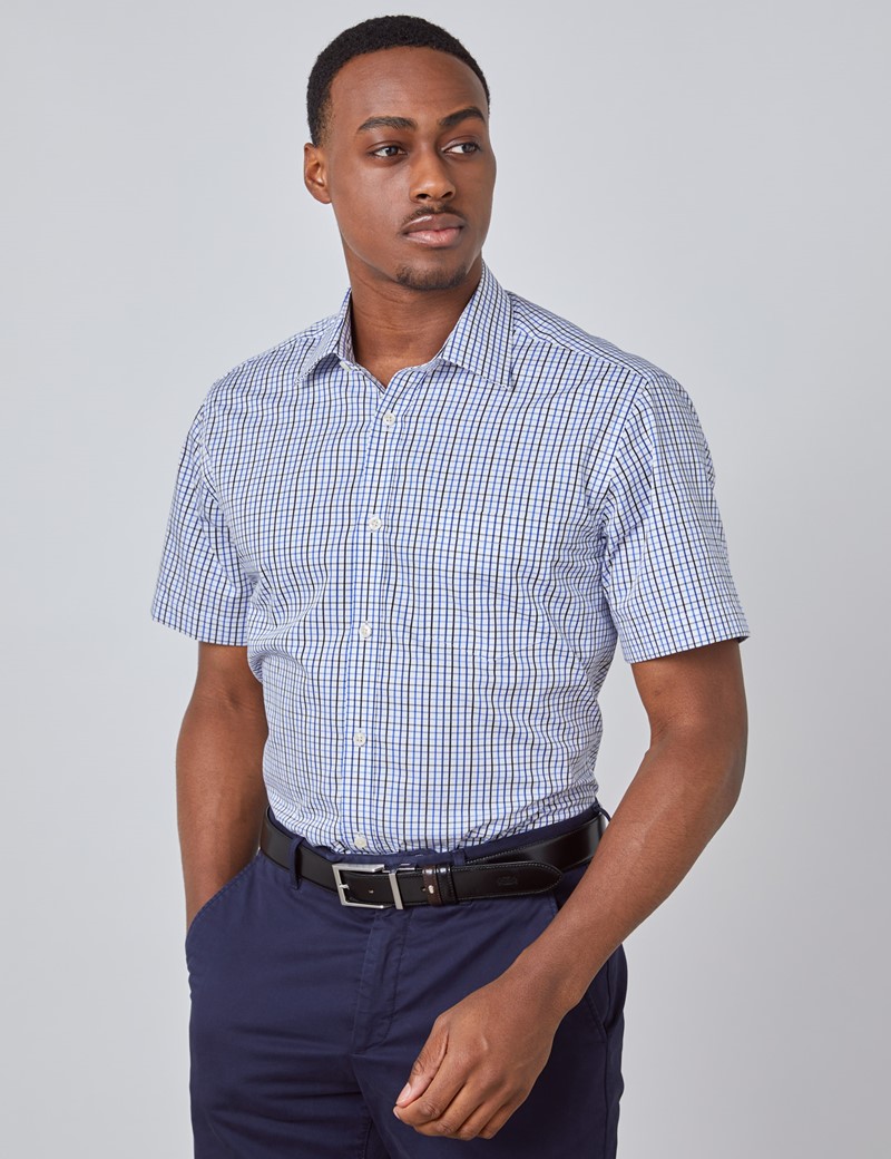 Men’s Navy & Blue Multi Plaid Tailored Fit Short Sleeve Shirt