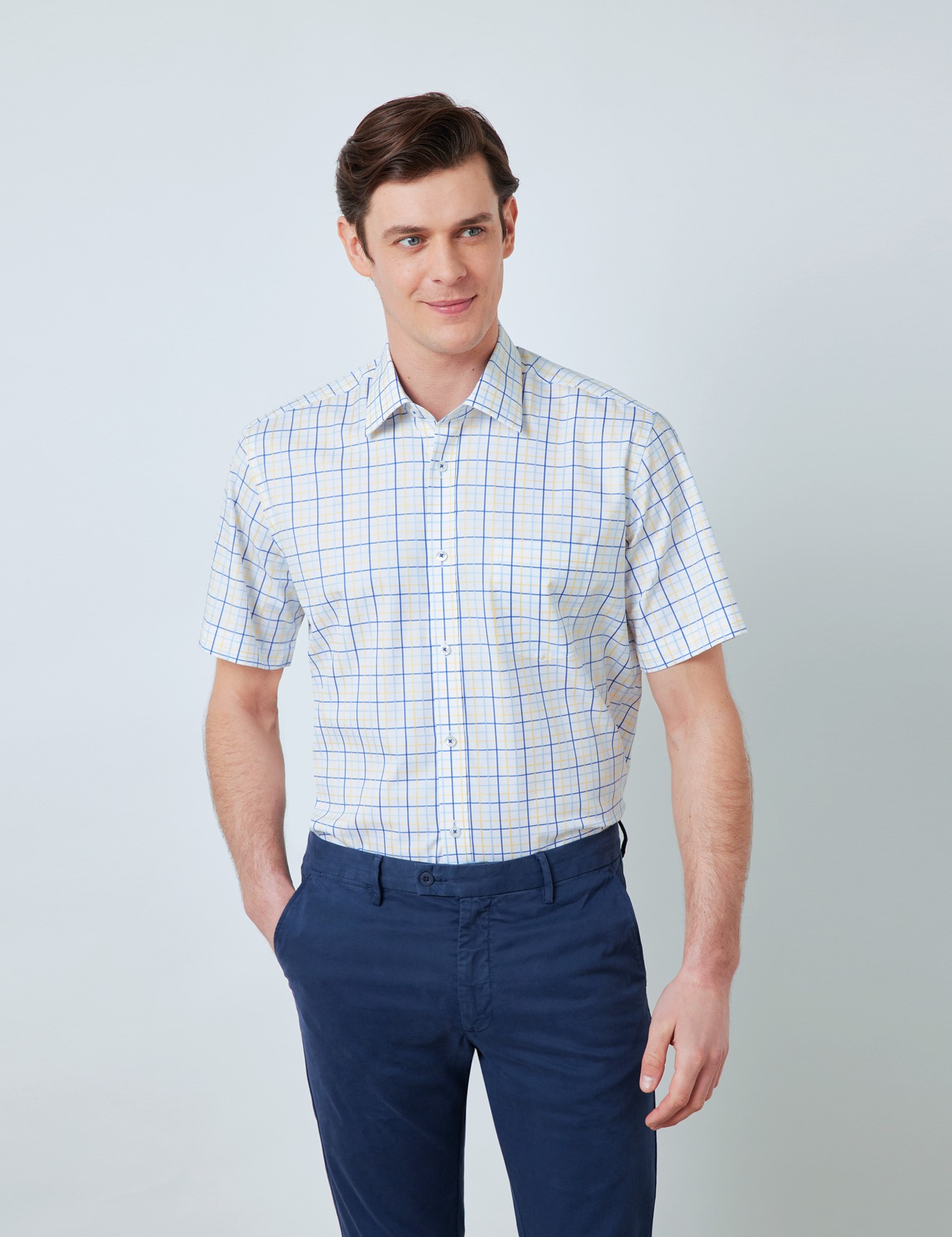 Cotton Multi Check Tailored Fit Short Sleeve Shirt in Blue & Yellow ...