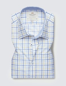 Easy Iron Blue & Yellow Multi Check Tailored Fit Short Sleeve Shirt – Chest Pocket