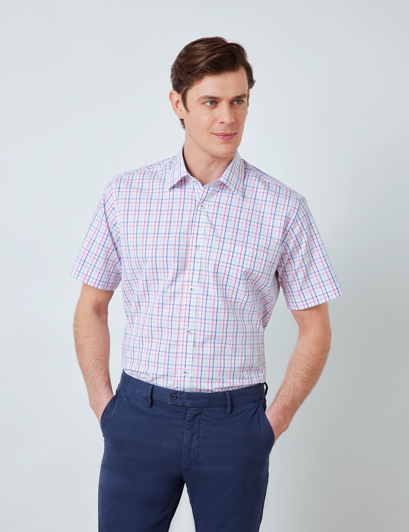 Easy Iron Pink & Navy Multi Check Tailored Fit Short Sleeve Shirt – Chest Pocket
