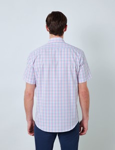 Easy Iron Pink & Navy Multi Check Tailored Fit Short Sleeve Shirt – Chest Pocket