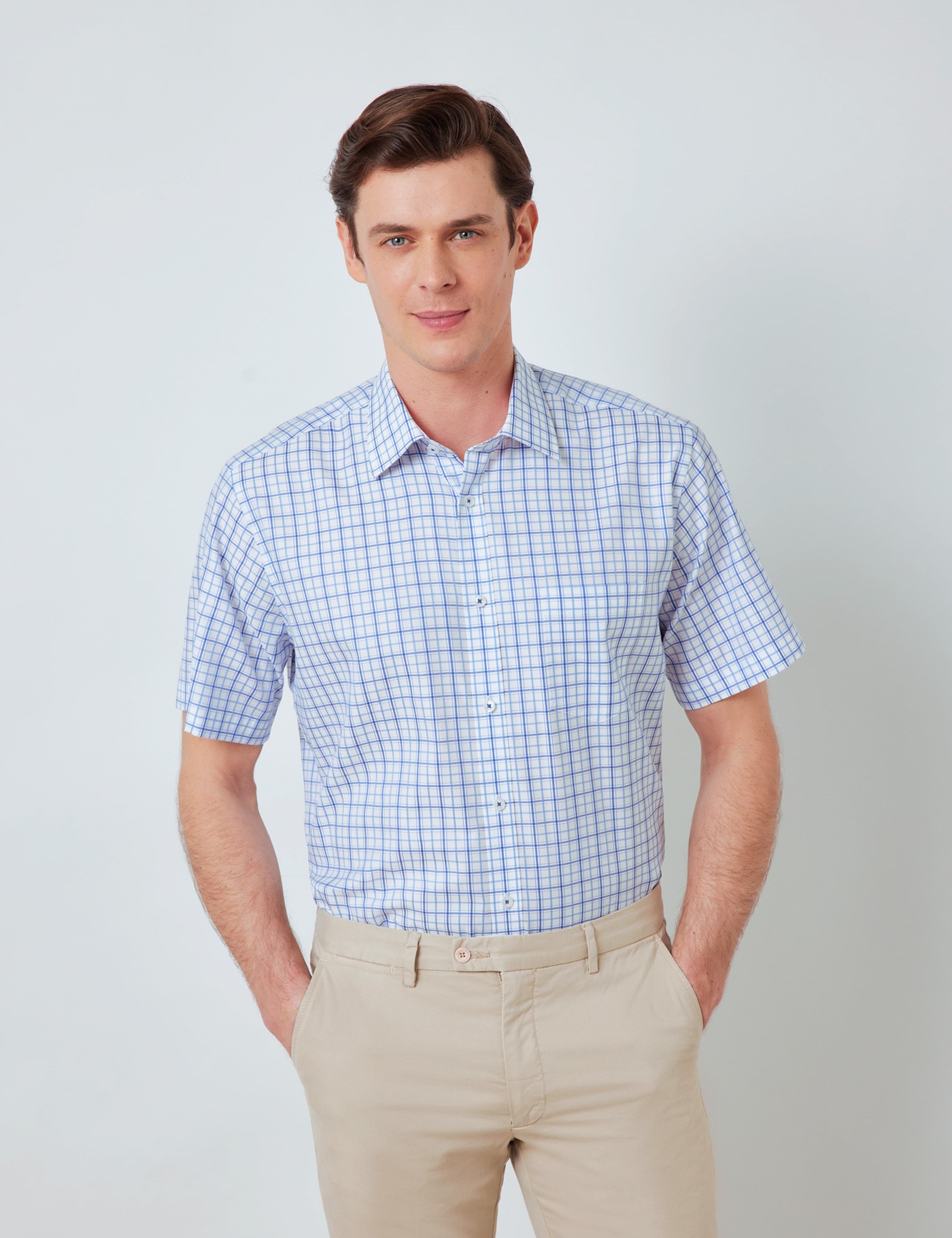 Cotton Multi Check Tailored Fit Short Sleeve Shirt in Blue & White ...
