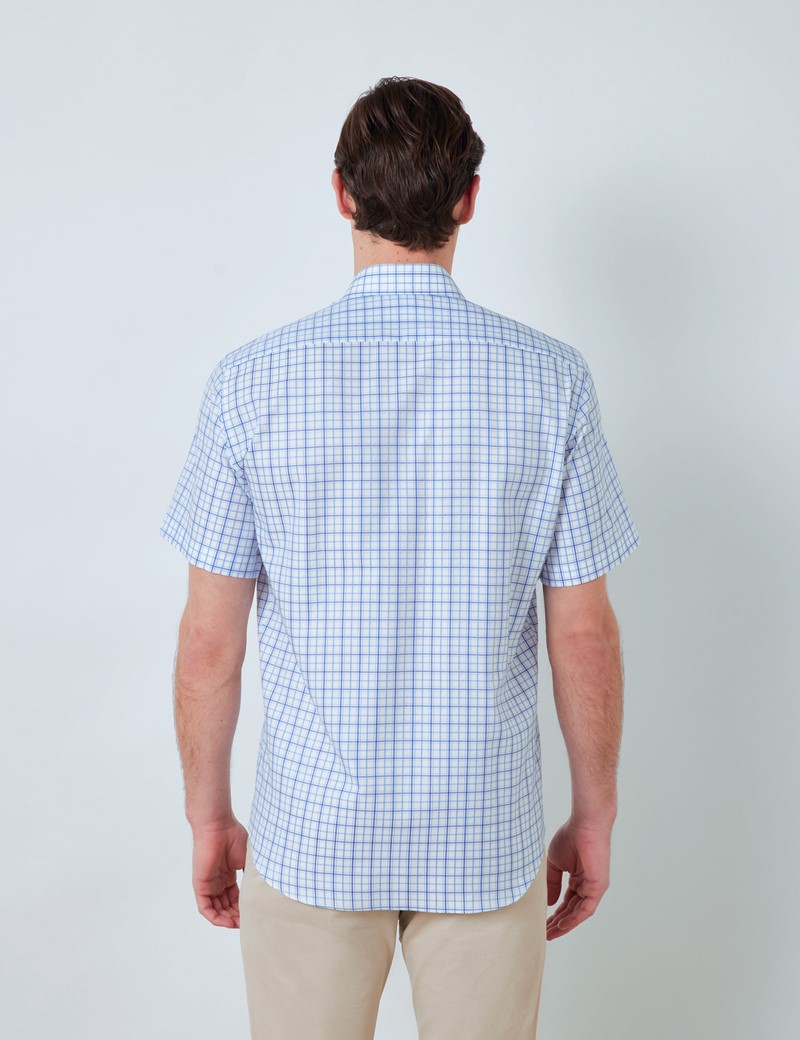 Easy Iron Blue & White Multi Check Tailored Fit Short Sleeve Shirt – Chest Pocket