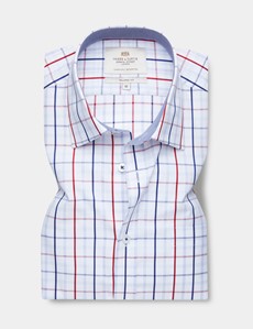 Easy Iron Blue & Red Multi Check Tailored Fit Short Sleeve Shirt – Chest Pocket