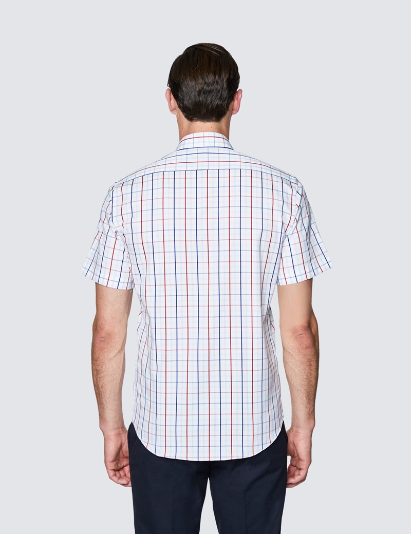 Easy Iron Blue & Red Multi Check Tailored Fit Short Sleeve Shirt