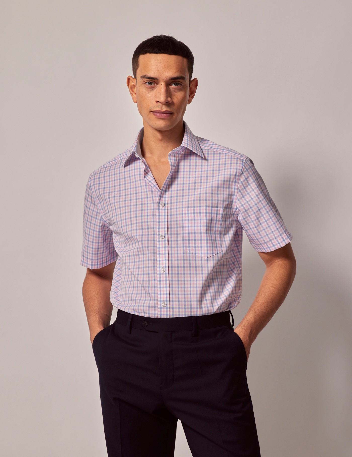 & Tailored Fit Pink & Check Non Iron Shirt Short Sleeve Chest Pocket