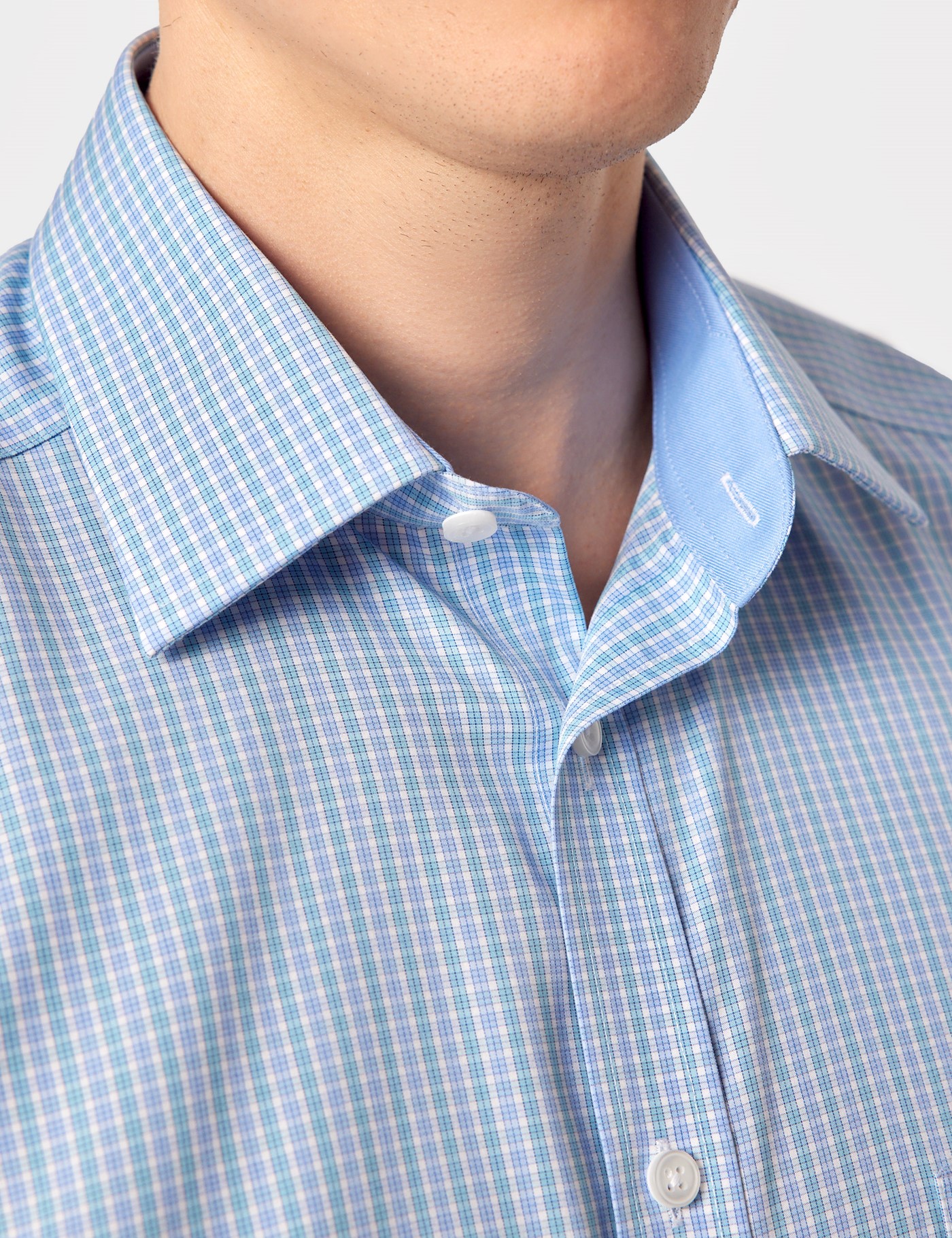 Hawes & Curtis Tailored Fit Blue & White Check Non-Iron Shirt | Short Sleeve | Chest Pocket Size: Small image 2