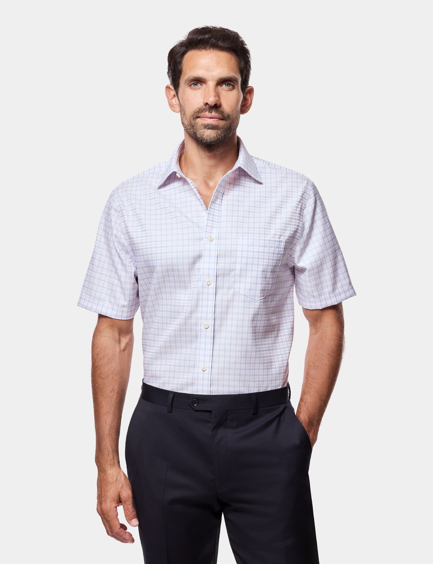 Hawes & Curtis Classic Fit Blue & Pink Check Non-Iron Shirt | Short Sleeve | Chest Pocket Size: Medium