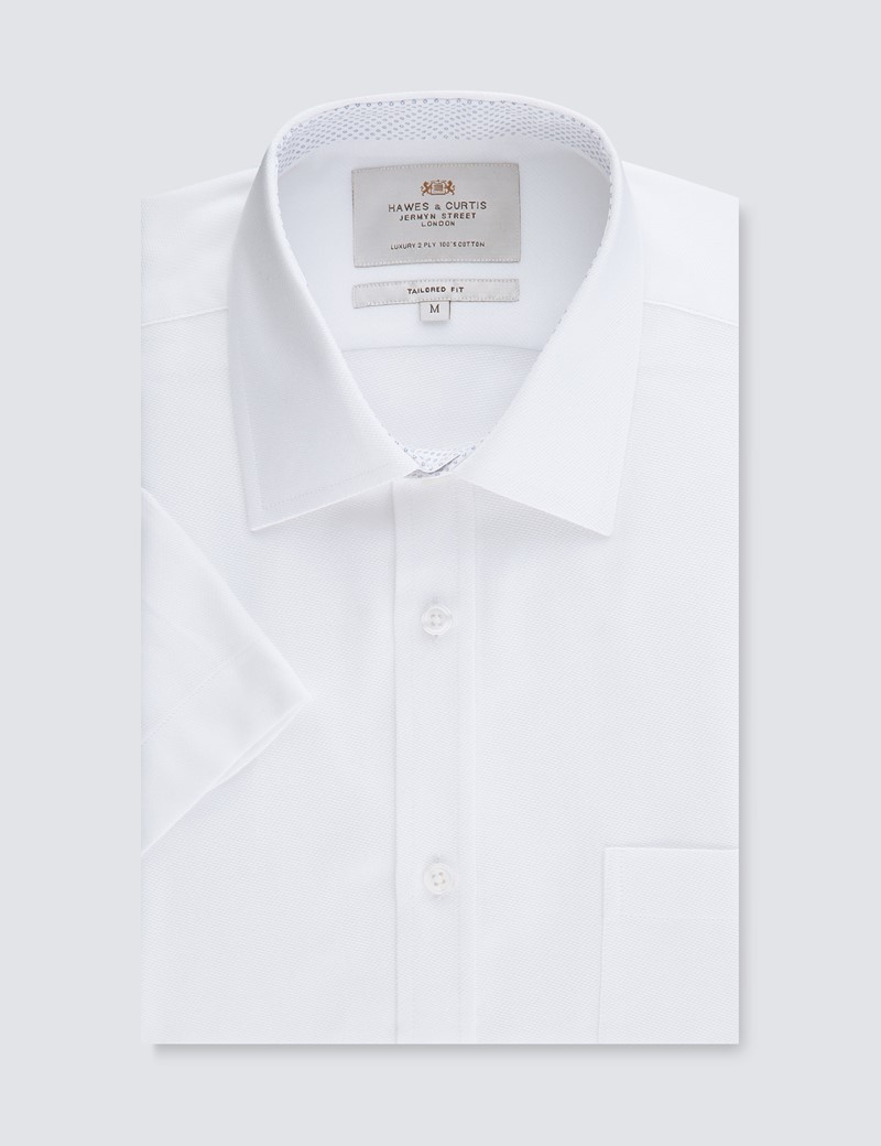 Plain Cotton Men's Tailored Fit Short Sleeve Shirt in White Hawes