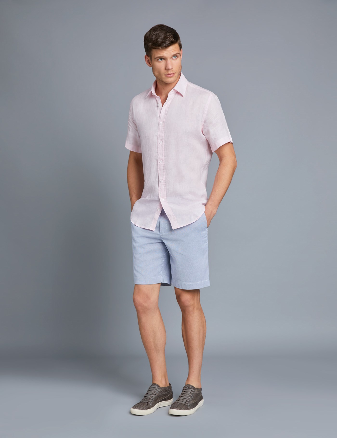 Men’s Pink Tailored Fit Short Sleeve Linen Shirt | Hawes & Curtis