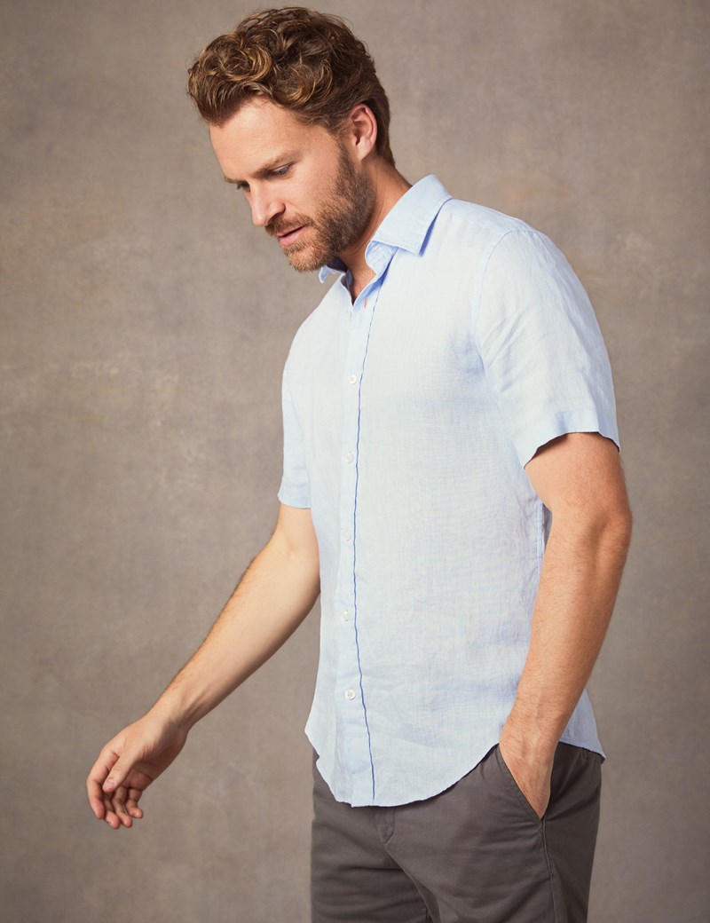 Men’s Blue Tailored Fit Short Sleeve Linen Shirt | Hawes & Curtis