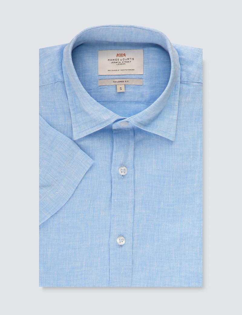 Men’s Light Blue Short Sleeve Linen Shirt | Hawes & Curtis