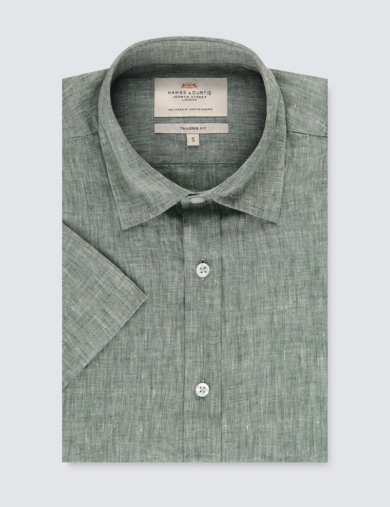 Men’s Green Tailored Fit Short Sleeve Linen Shirt | Hawes & Curtis