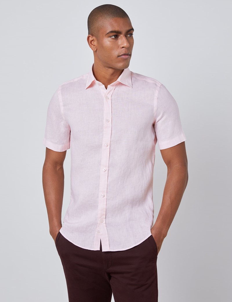 Men’s Pink Tailored Fit Short Sleeve Linen Shirt | Hawes & Curtis