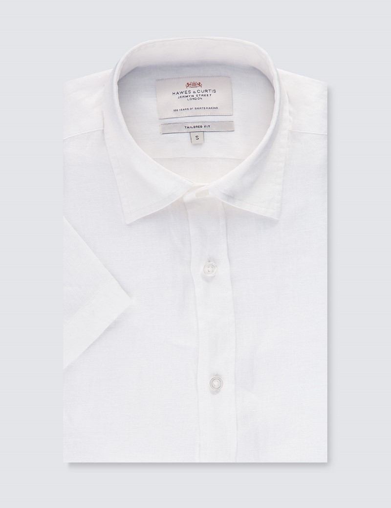 Mens White Tailored Fit Short Sleeve Linen Shirt Hawes And Curtis 