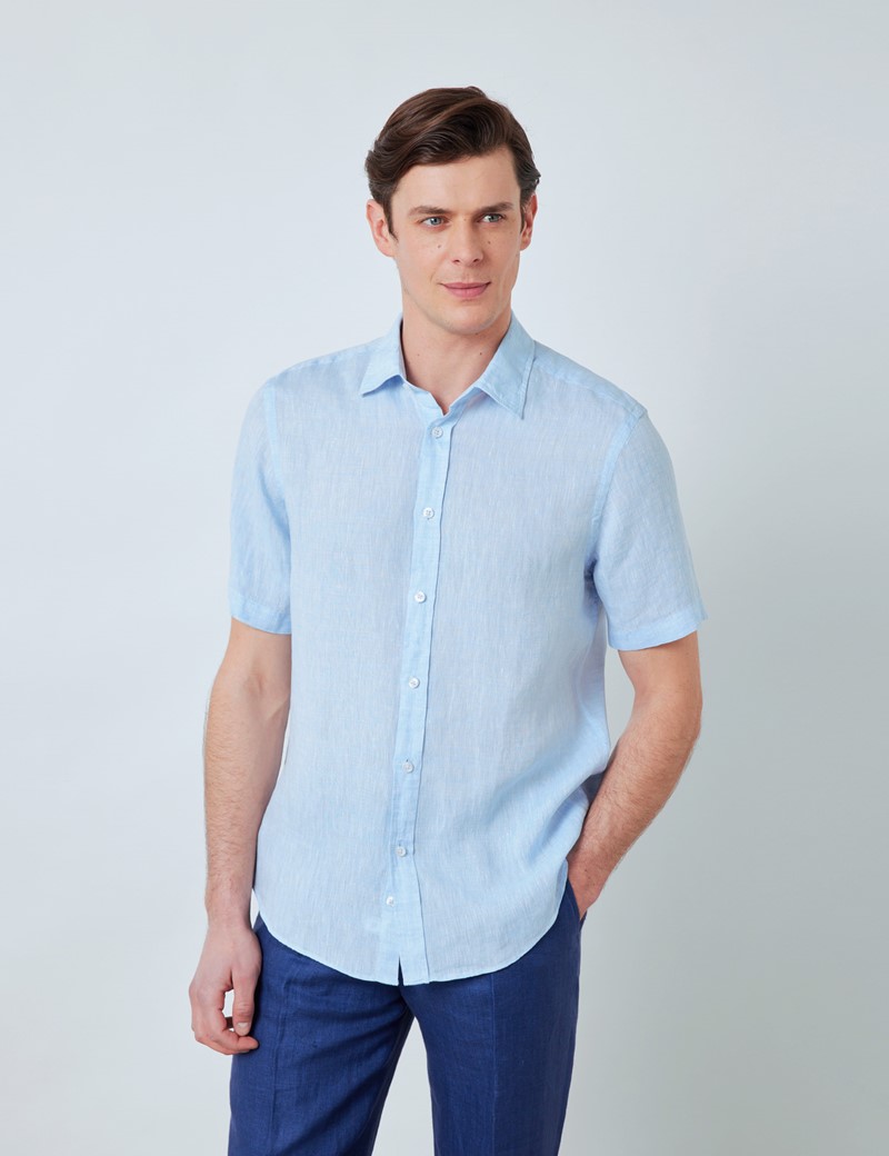 Linen Relaxed Slim Fit Short Sleeve Shirt in Light Blue| Hawes & Curtis