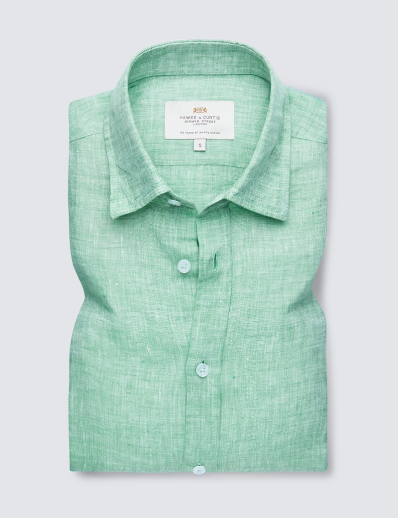 Linen Relaxed Slim Fit Short Sleeve Shirt in Green Hawes & Curtis