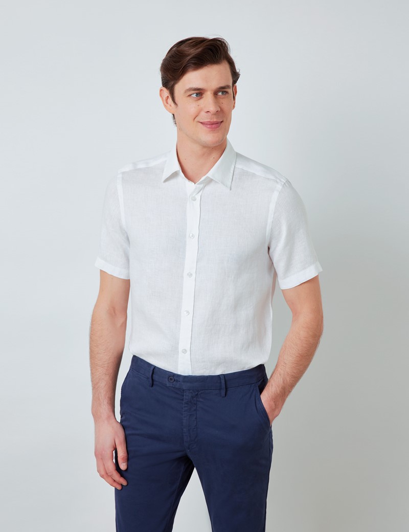 Linen Relaxed Slim Fit Short Sleeve Shirt in White| Hawes & Curtis