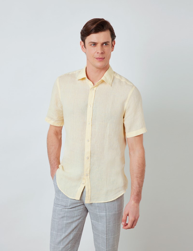 Linen Relaxed Slim Fit Short Sleeve Shirt in Yellow | Hawes & Curtis