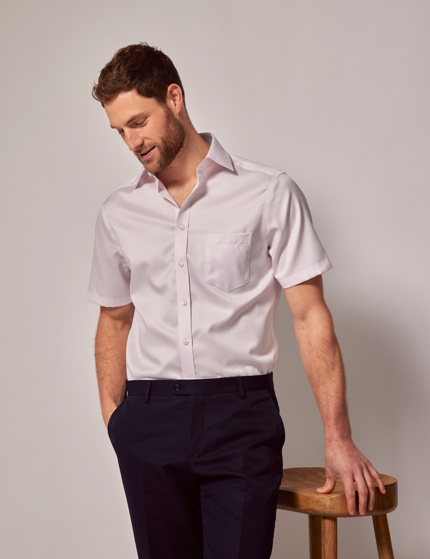 & Tailored Fit Pique Non Iron Shirt Short Sleeve Chest Pocket