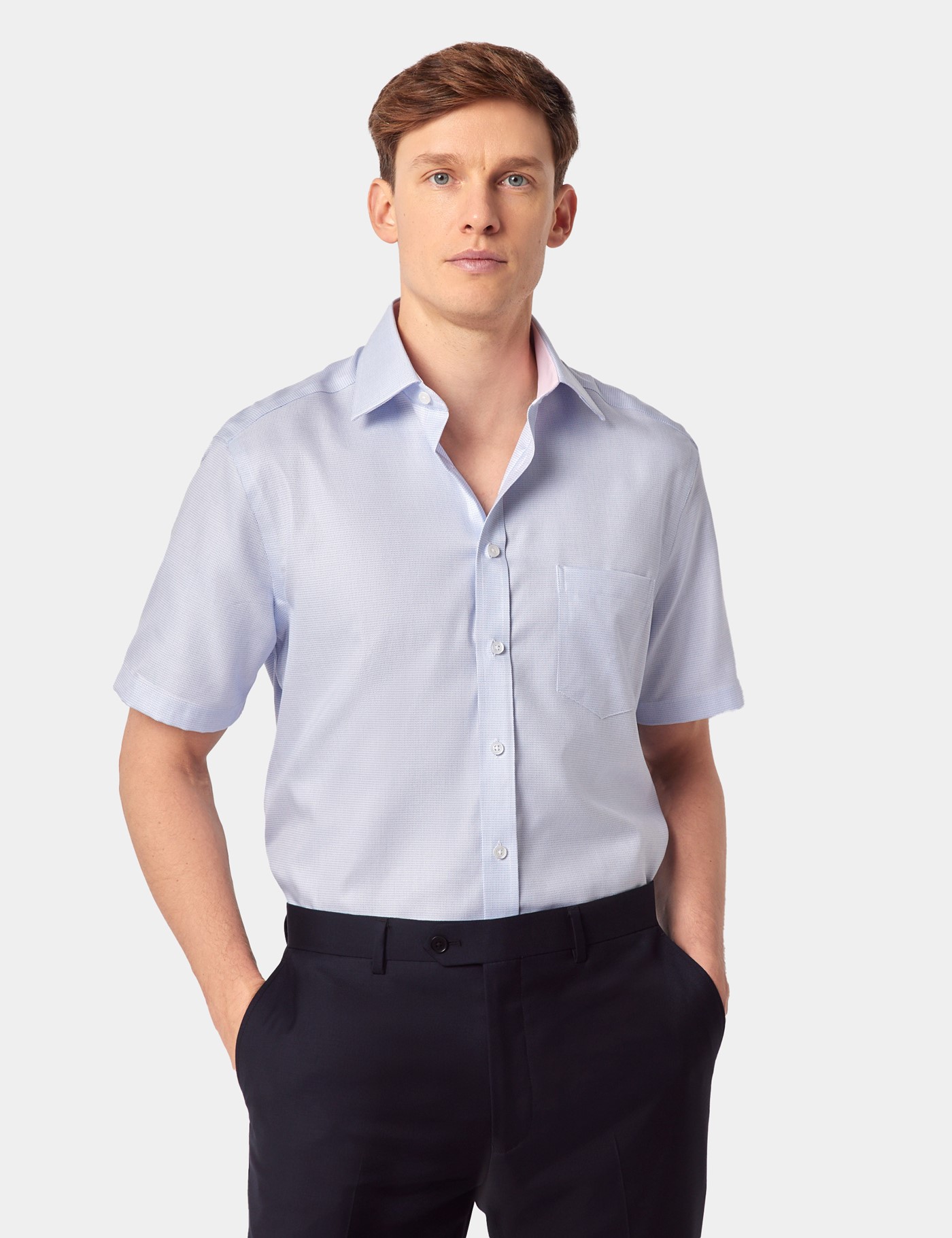 Hawes & Curtis Tailored Fit Blue Textured Weave Non-Iron Shirt | Short Sleeve | Chest Pocket Size: Large