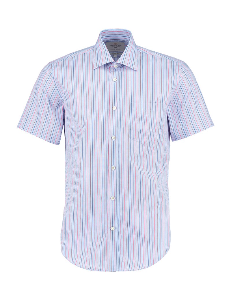 Men's Blue & Coral Multi Stripe Tailored Fit Short Sleeve Dress Shirt ...