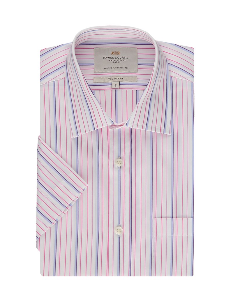Men's White & Pink Multi Stripe Tailored Fit Short Sleeve Dress Shirt