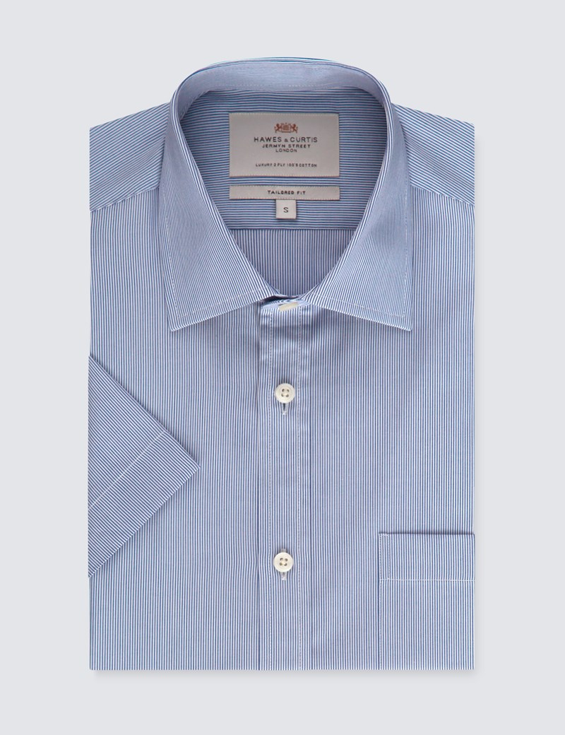 Men's Blue & White Fine Stripe Tailored Fit Dress Shirt Short Sleeve