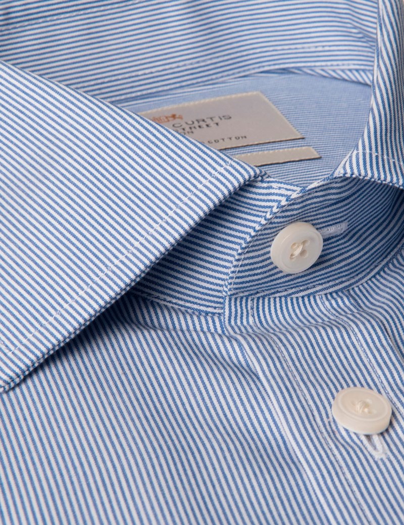 Men's Formal Blue & White Fine Stripe Tailored Fit Shirt - Short Sleeve ...