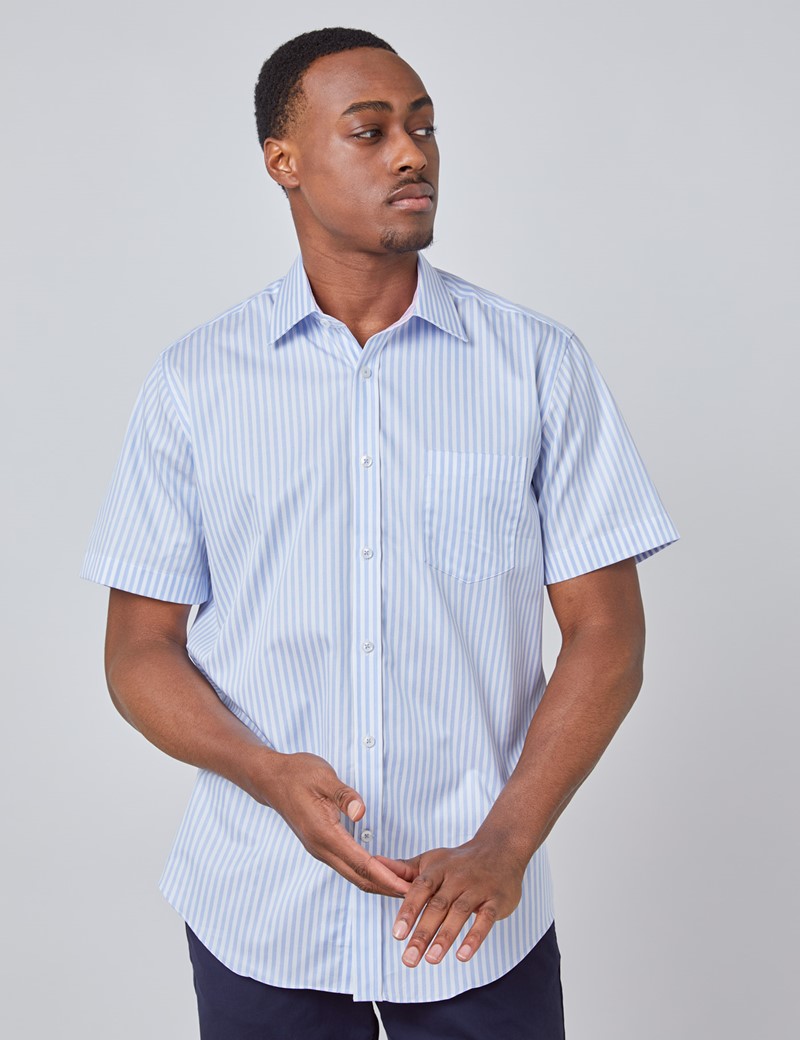 Easy Iron Stripe Men’s Tailored Fit Short Sleeve Shirt in White & Blue