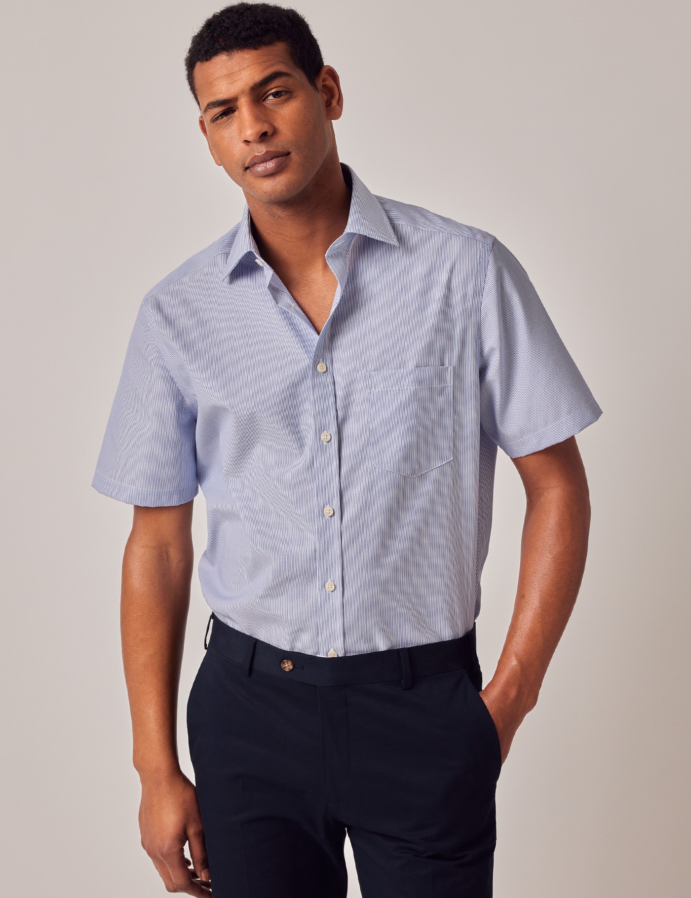 Non Iron Blue & White Fine Stripe Tailored Fit - Short Sleeve Shirt ...