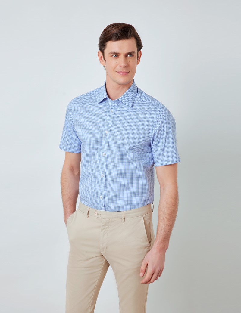 Easy Iron Blue & White Multi Check Relaxed Slim Fit Short Sleeve Shirt