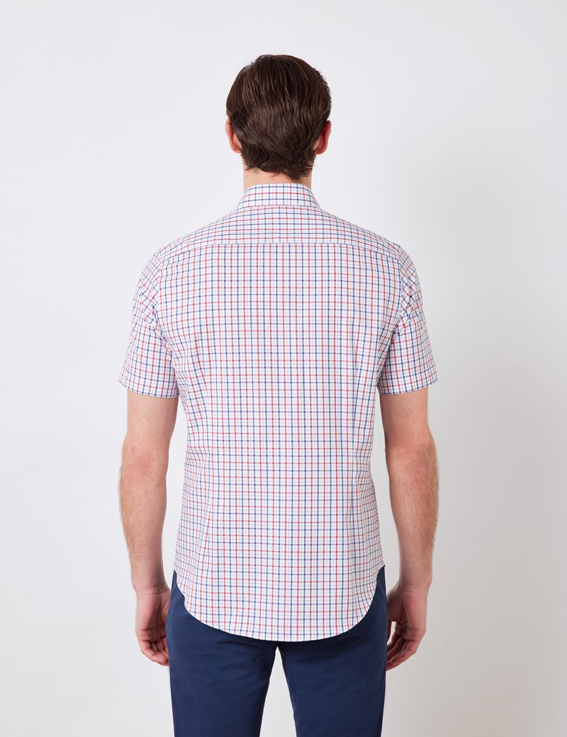 Easy Iron Red & Navy Multi Check Relaxed Slim Fit Short Sleeve Shirt