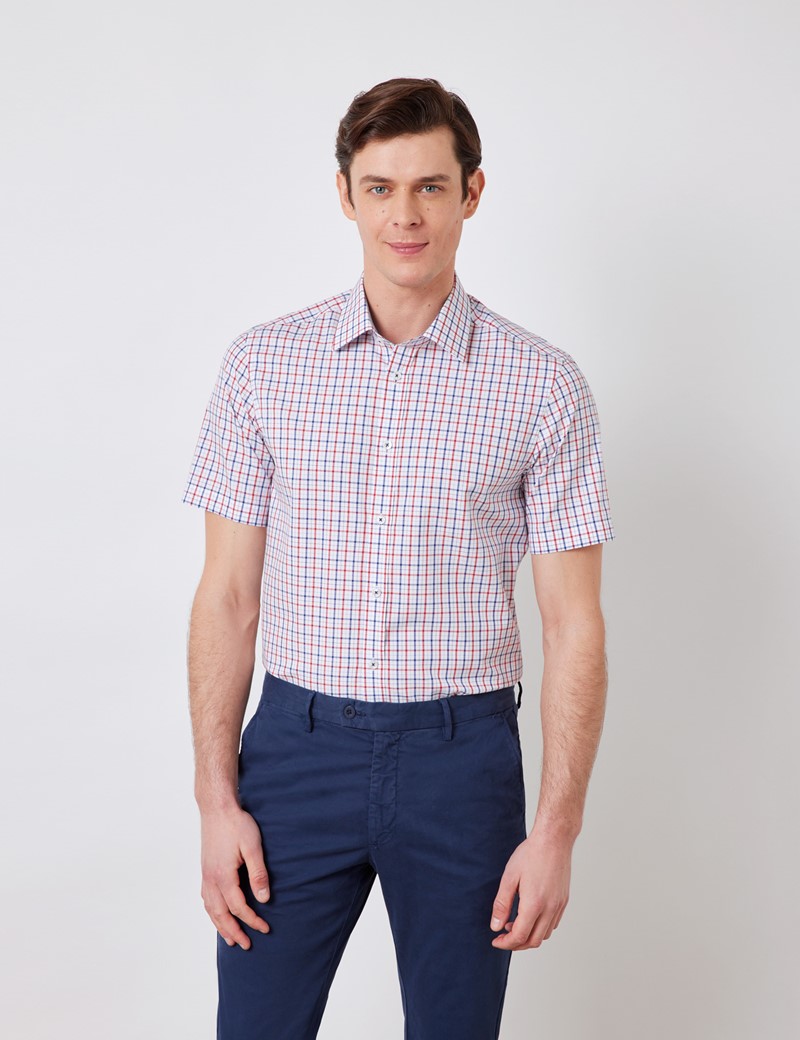 Easy Iron Red & Navy Multi Check Relaxed Slim Fit Short Sleeve Shirt
