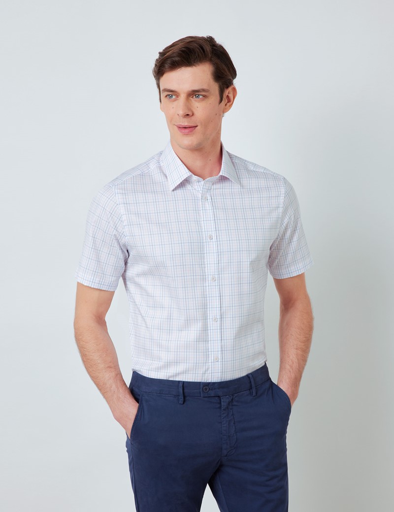 Easy Iron Pink & Blue Multi Check Relaxed Slim Fit Short Sleeve Shirt