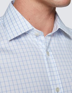 Easy Iron Blue & White Textured Check Relaxed Slim Fit Short Sleeve Shirt