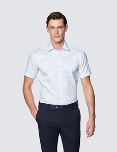 Bügelleichtes Kurzarm Hemd – Tailored Fit – weiß blau Gitter-Karo