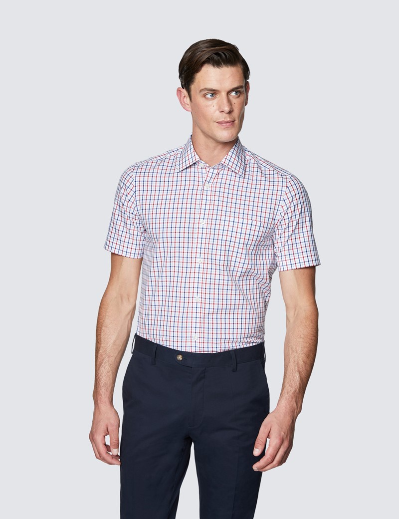 Easy Iron Red & Blue Multi Check Relaxed Slim Fit Short Sleeve Shirt