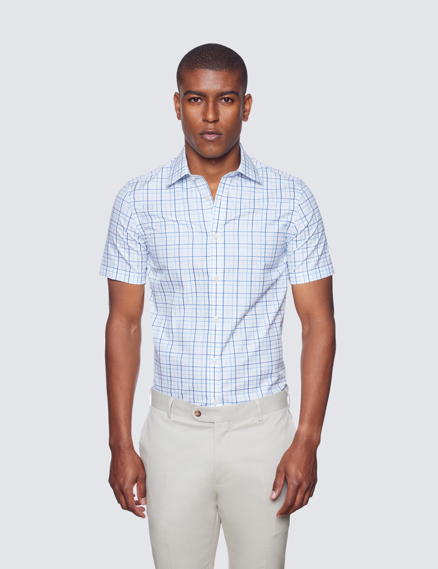 Blue & Navy Multi Check Slim Fit Short Sleeve Shirt | Hawes & Curtis