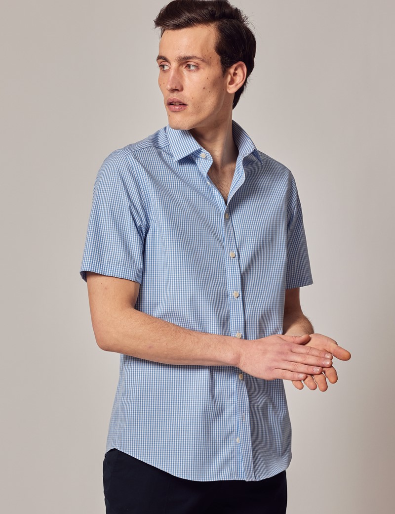 Non Iron Blue & White Gingham Slim Fit Short Sleeve Shirt | Hawes & Curtis