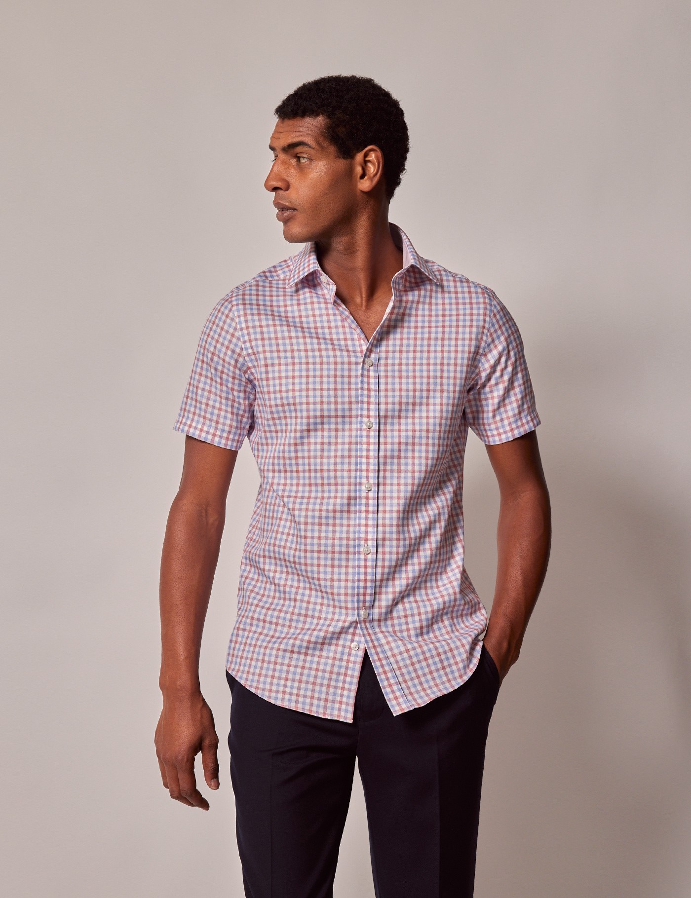 & Slim Fit Red & Check Non Iron Shirt Short Sleeve
