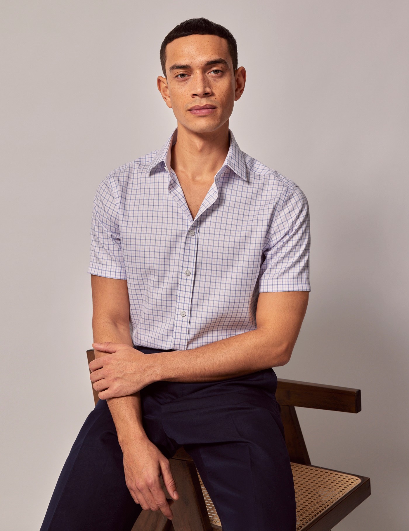 & Slim Fit Lilac & Check Non Iron Shirt Short Sleeve