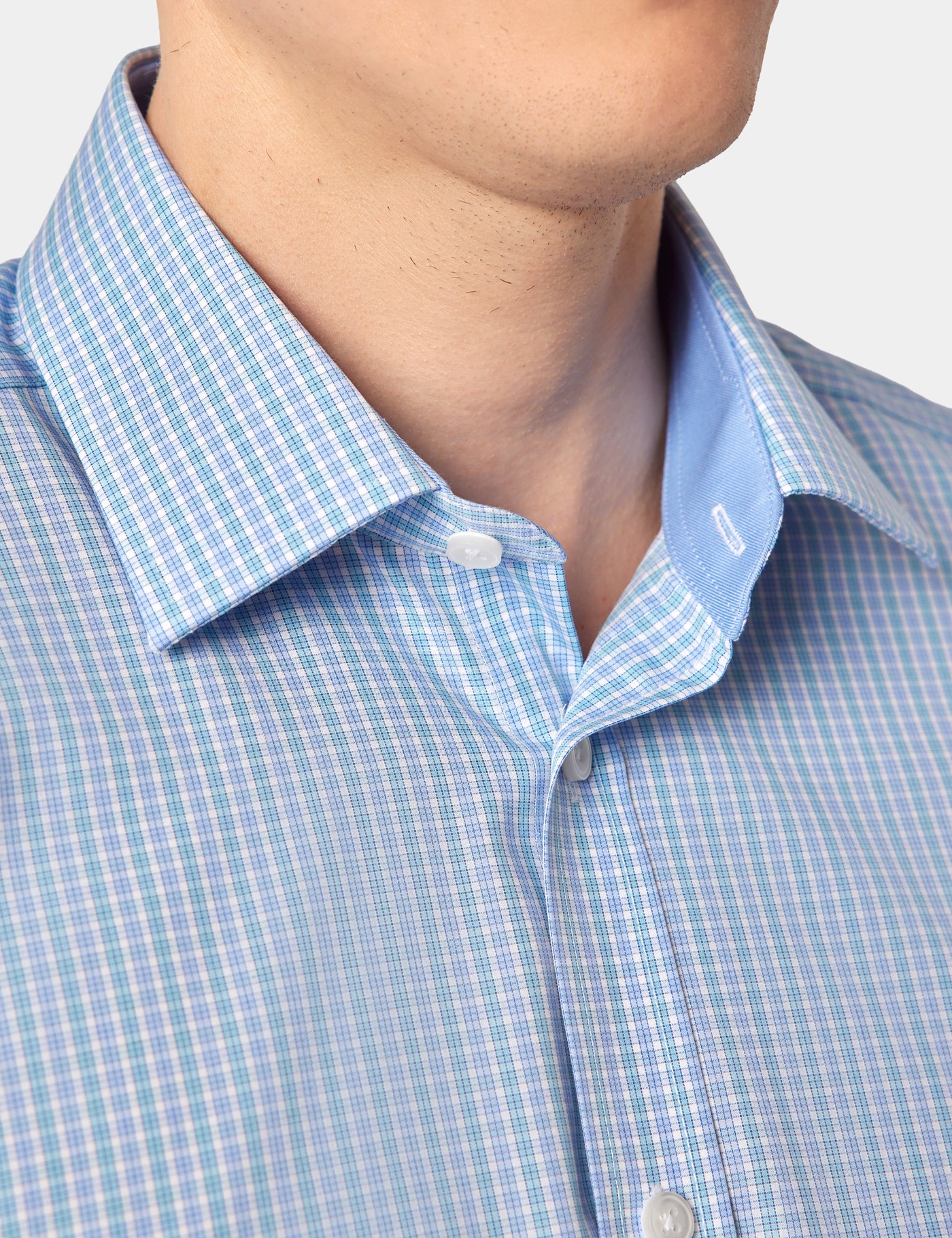 Hawes & Curtis Slim Fit Blue & White Check Non-Iron Shirt | Short Sleeve Size: Small image 2