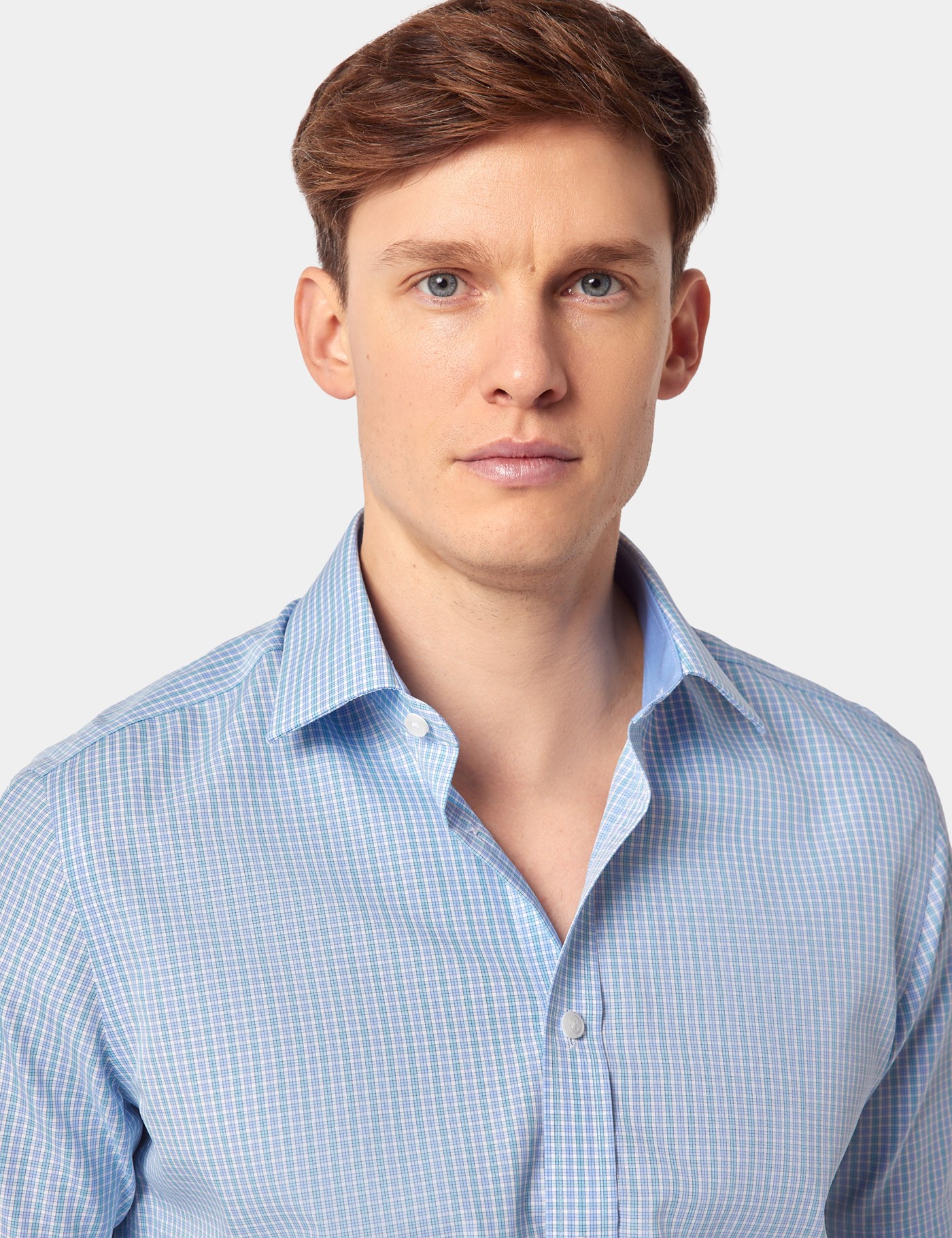Hawes & Curtis Slim Fit Blue & White Check Non-Iron Shirt | Short Sleeve Size: Small image 3
