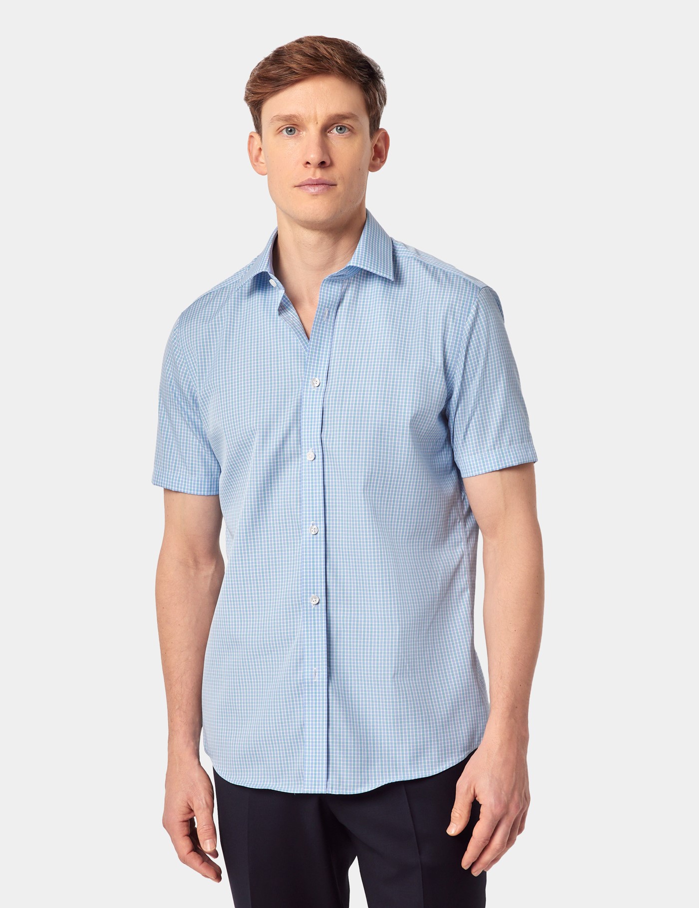 Hawes & Curtis Slim Fit Blue & White Check Non-Iron Shirt | Short Sleeve Size: Small image 4
